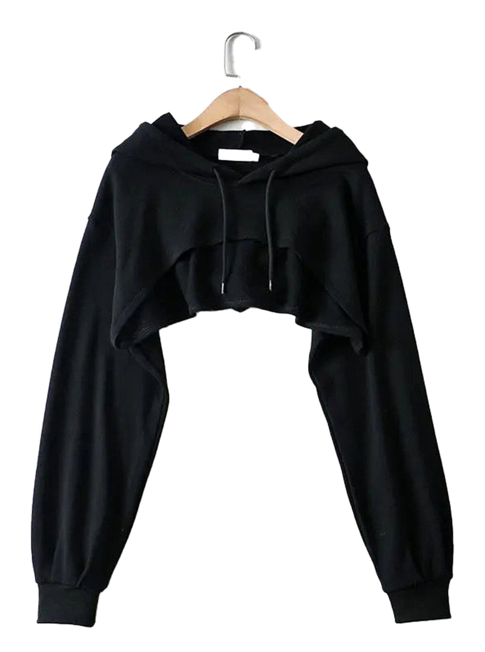 Black cropped Korean style hoodie for women with long sleeves and adjustable drawstrings