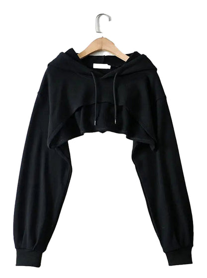 Black cropped Korean style hoodie for women with long sleeves and adjustable drawstrings