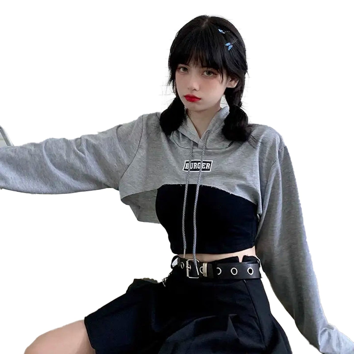 Korean style hoodie for women in gray with a cropped design and casual fit for trendy outfits