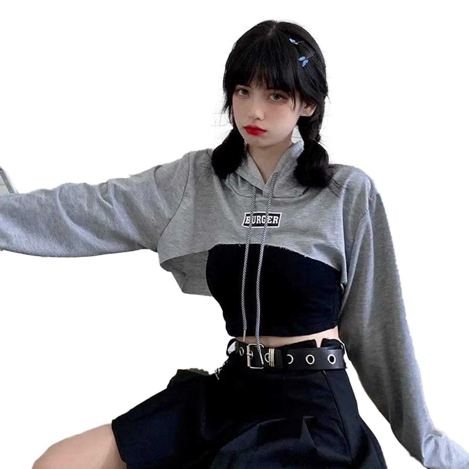 Korean style hoodie for women in gray with a cropped design and casual fit for trendy outfits