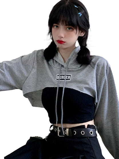 Trendy Korean style hoodie for women with a cropped design and bold BURGER graphic