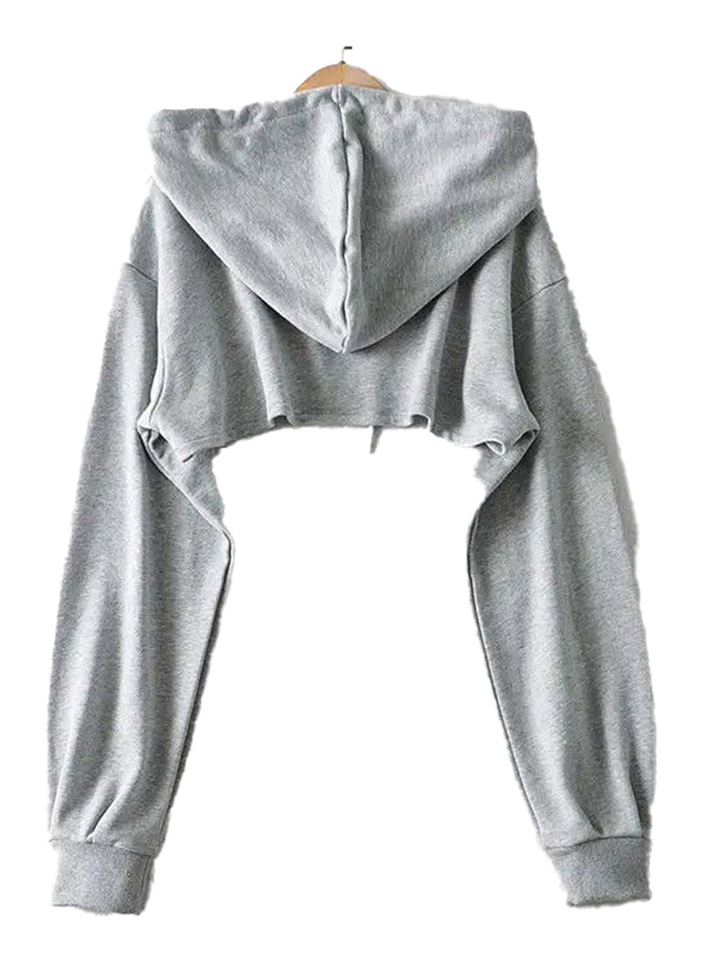 Light gray cropped Korean style hoodie for women with long sleeves and a hood