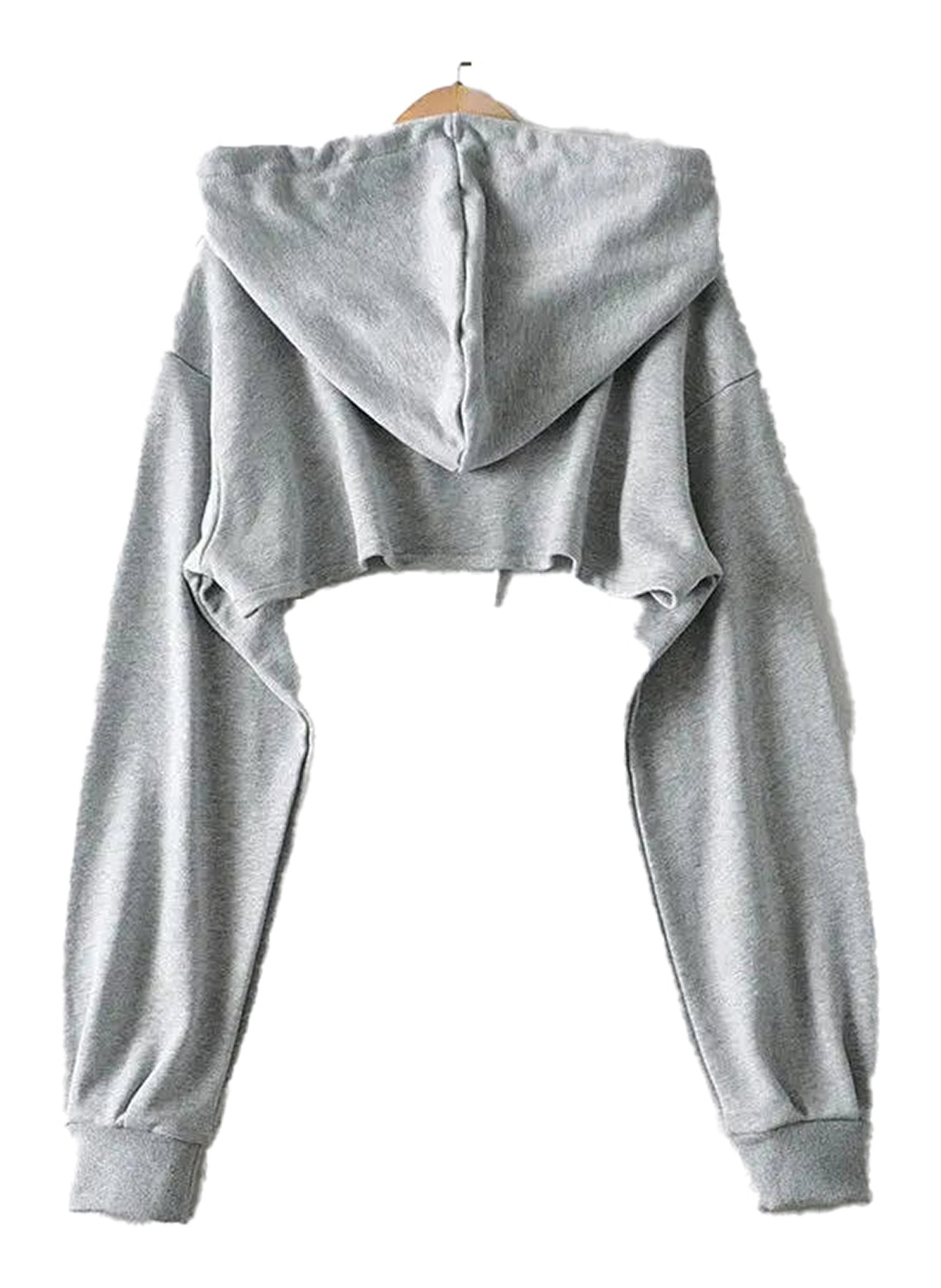 Light gray cropped Korean style hoodie for women with long sleeves and a hood