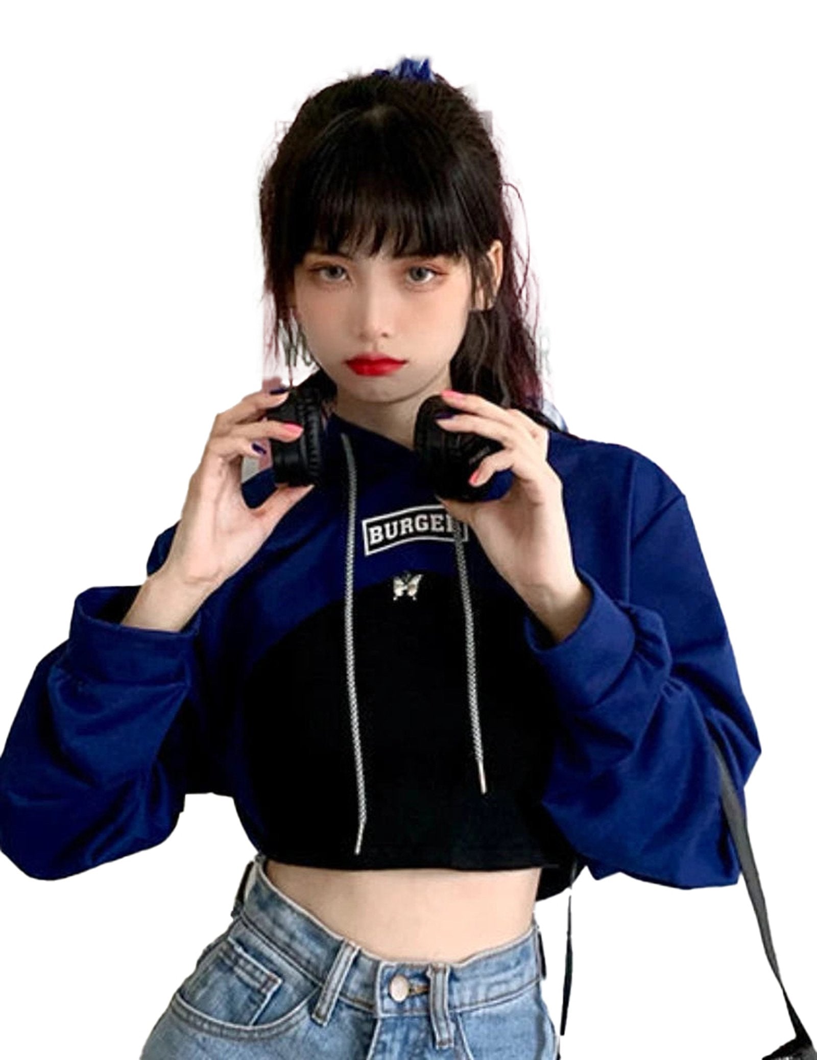 Korean style hoodie for women in navy blue with a cropped design and stylish logo detail