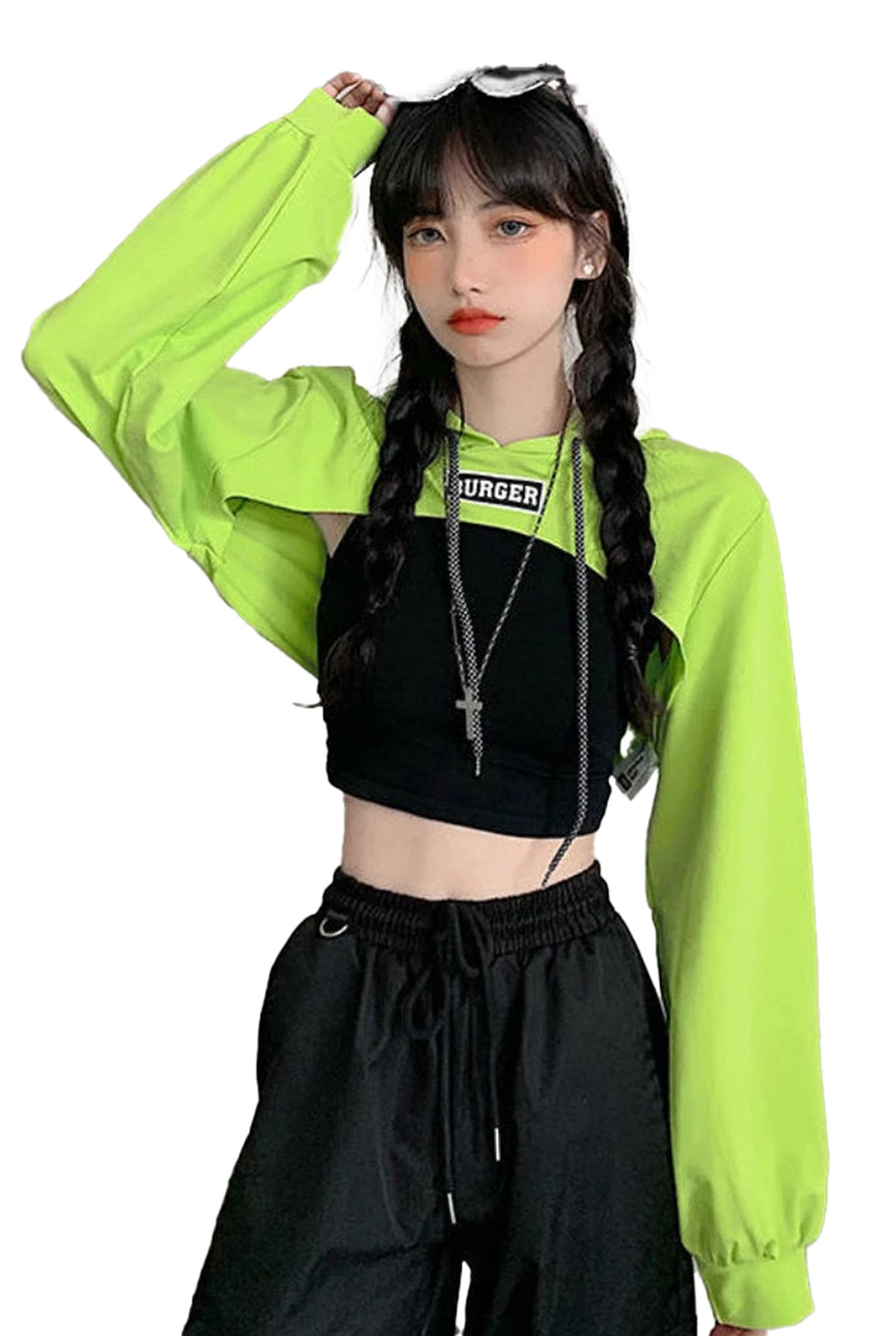 Trendy Korean style hoodie for women in neon green and black with a cropped design and long sleeves