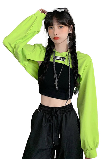 Trendy Korean style hoodie for women in neon green and black with a cropped design and long sleeves