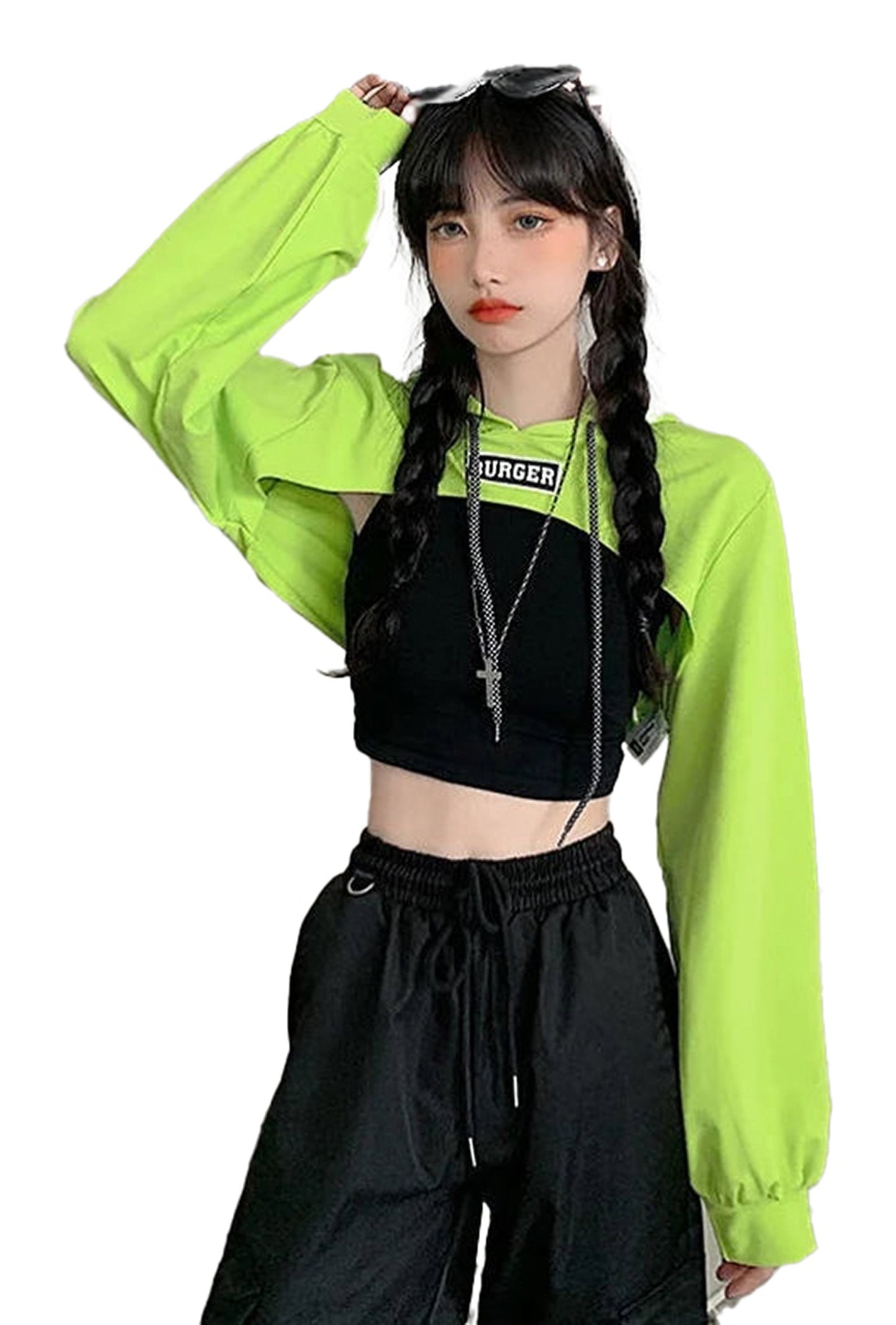 Trendy Korean style hoodie for women in neon green with cropped design and stylish detailing