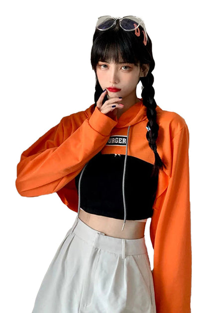 Trendy Korean style hoodie for women featuring a vibrant orange and black color block design