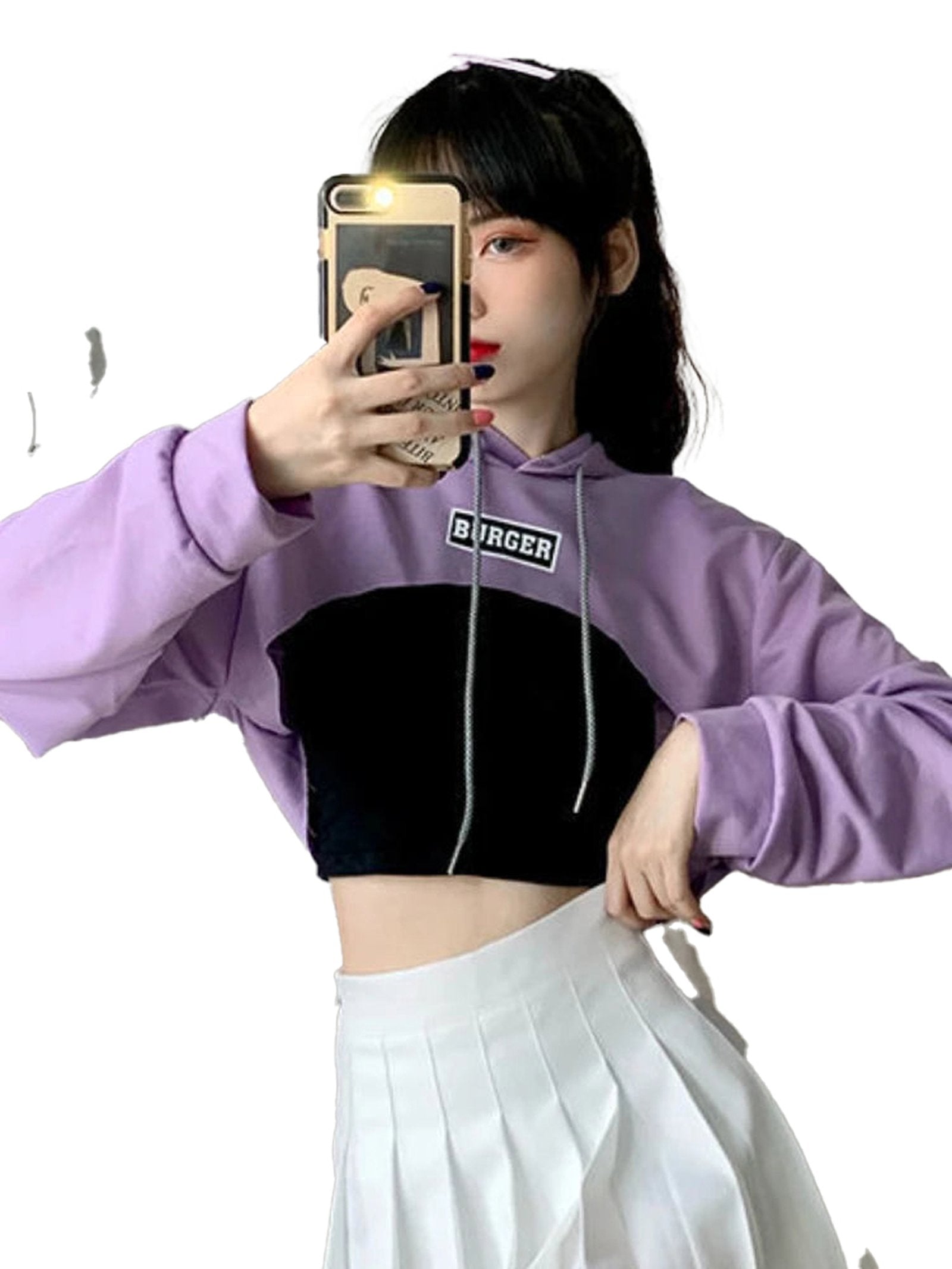 Korean style hoodie for women in purple and black with a cropped design and hoodie strings