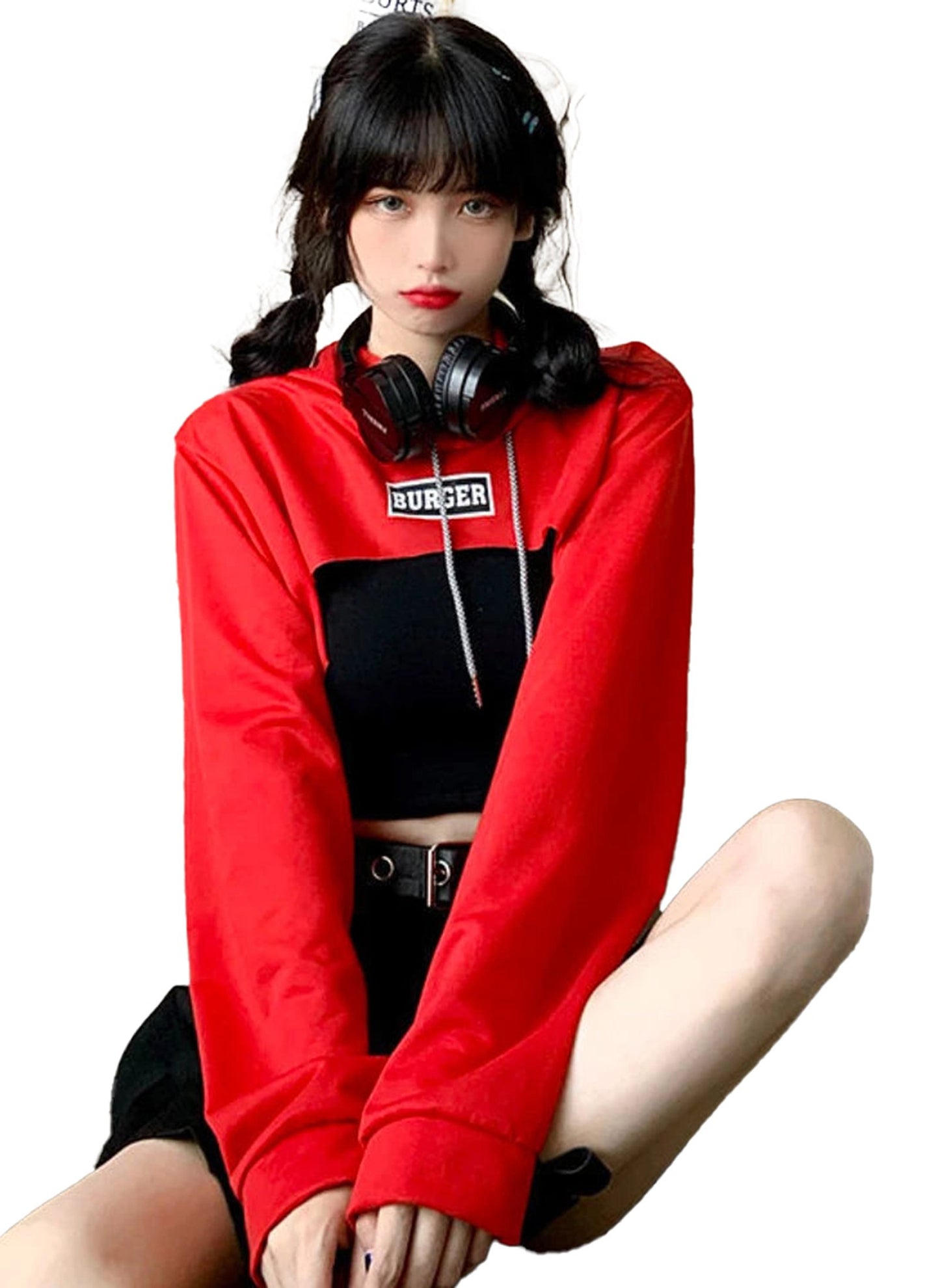 Stylish Korean style hoodie for women in red with a cropped design and trendy graphics