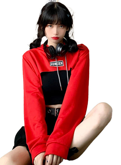 Stylish Korean style hoodie for women in red with a cropped design and trendy graphics