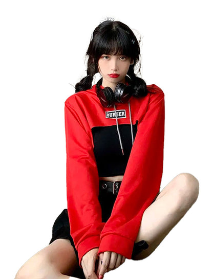 Stylish Korean style hoodie for women in red and black with a trendy cropped design