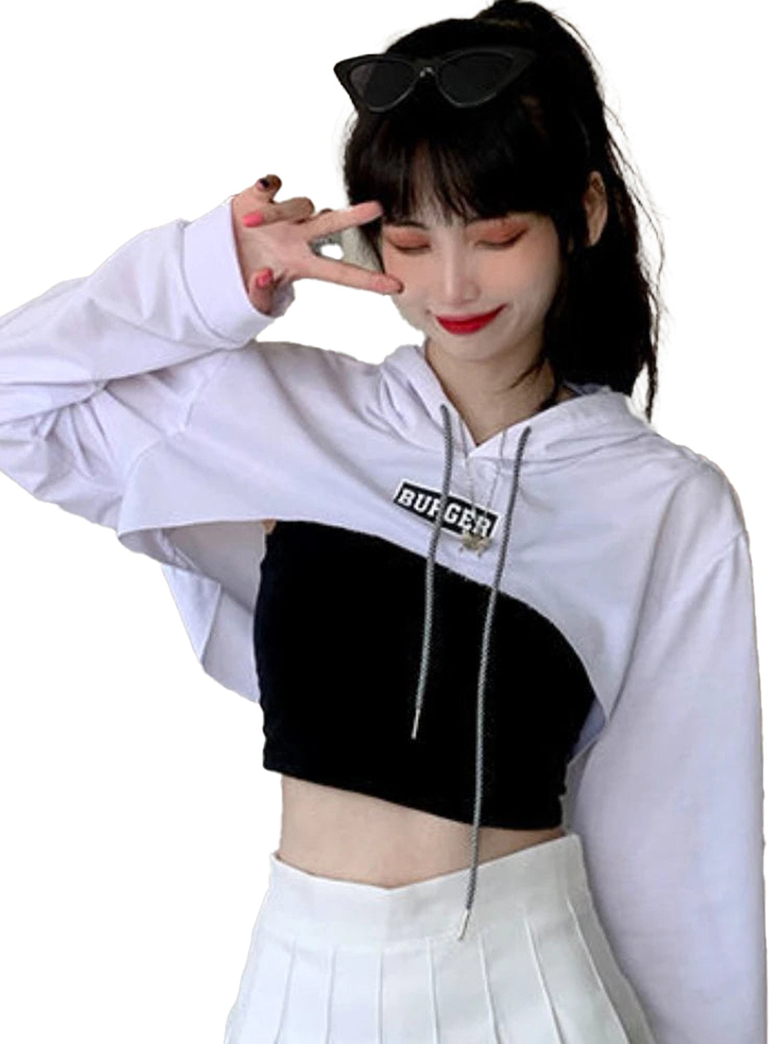 Korean style hoodie for women featuring a cropped design in black and white with a trendy logo