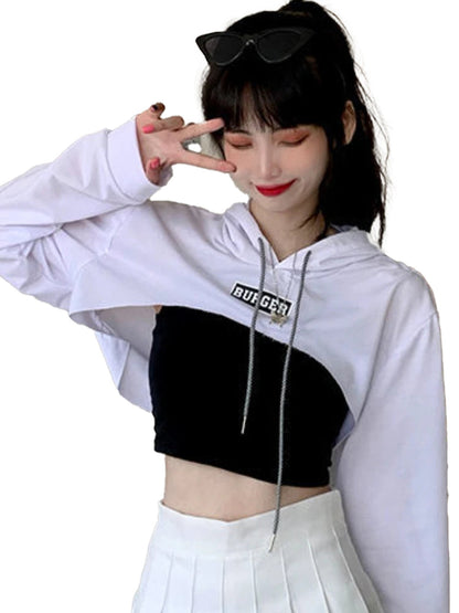 Korean style hoodie for women featuring a cropped design in black and white with a trendy logo
