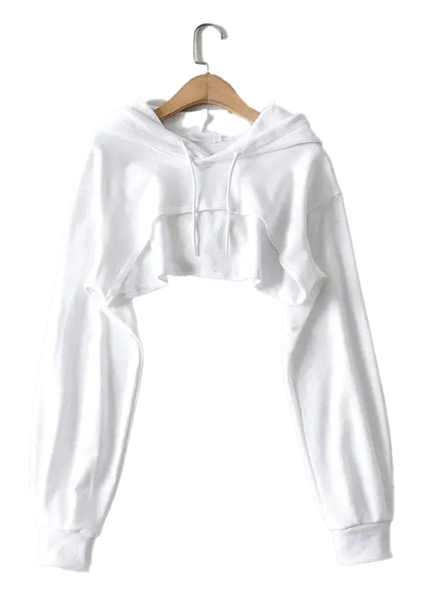 White cropped Korean style hoodie for women with a relaxed fit and long sleeves