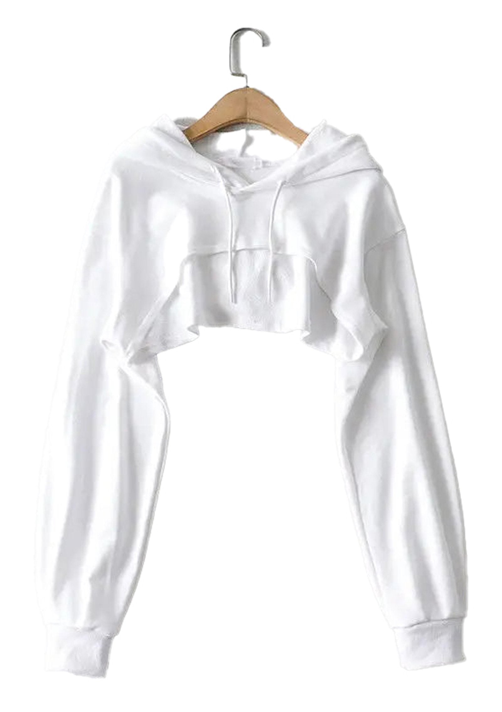 White cropped Korean style hoodie for women with a relaxed fit and long sleeves