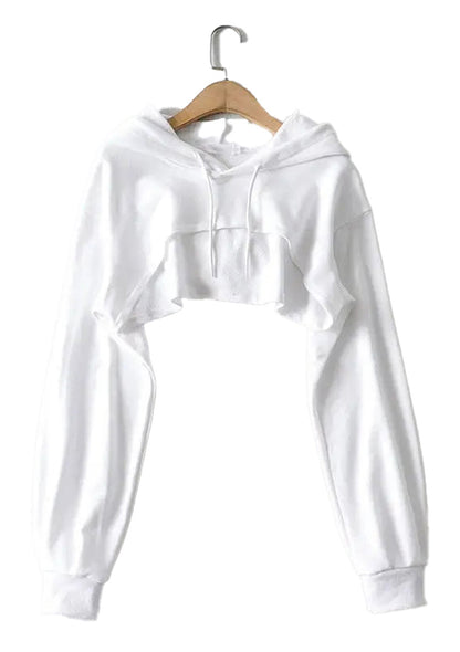 White cropped Korean style hoodie for women with a relaxed fit and long sleeves