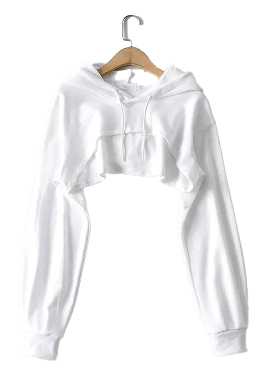 White cropped Korean style hoodie for women with a relaxed fit and long sleeves