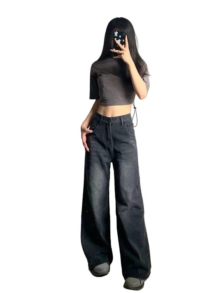 LuckeLadybug LLC Korean vintage high waist jeans for women in black with a baggy fit