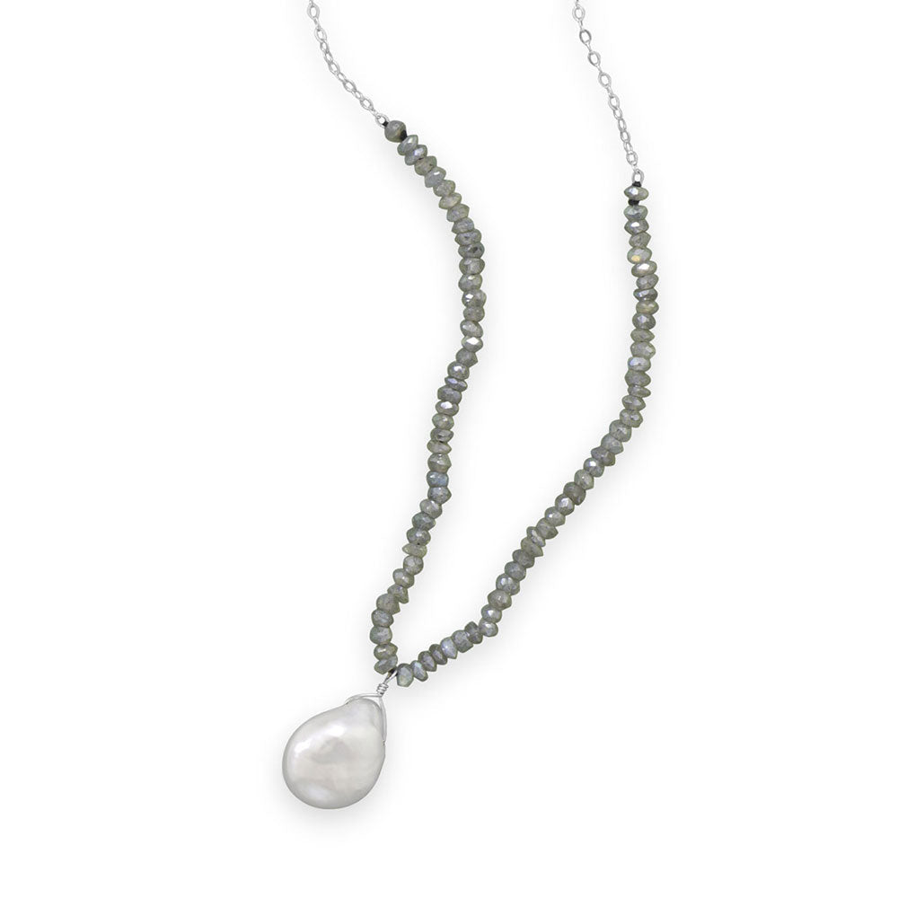 Labradorite and baroque pearl necklace featuring a beautiful drop pearl design.