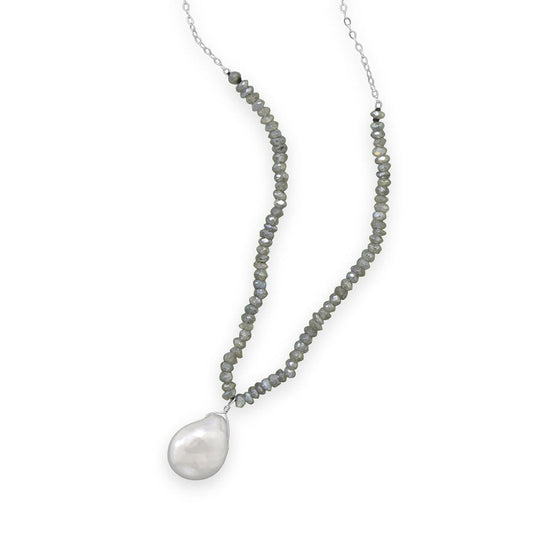 Labradorite and baroque pearl necklace featuring a beautiful drop pearl design.