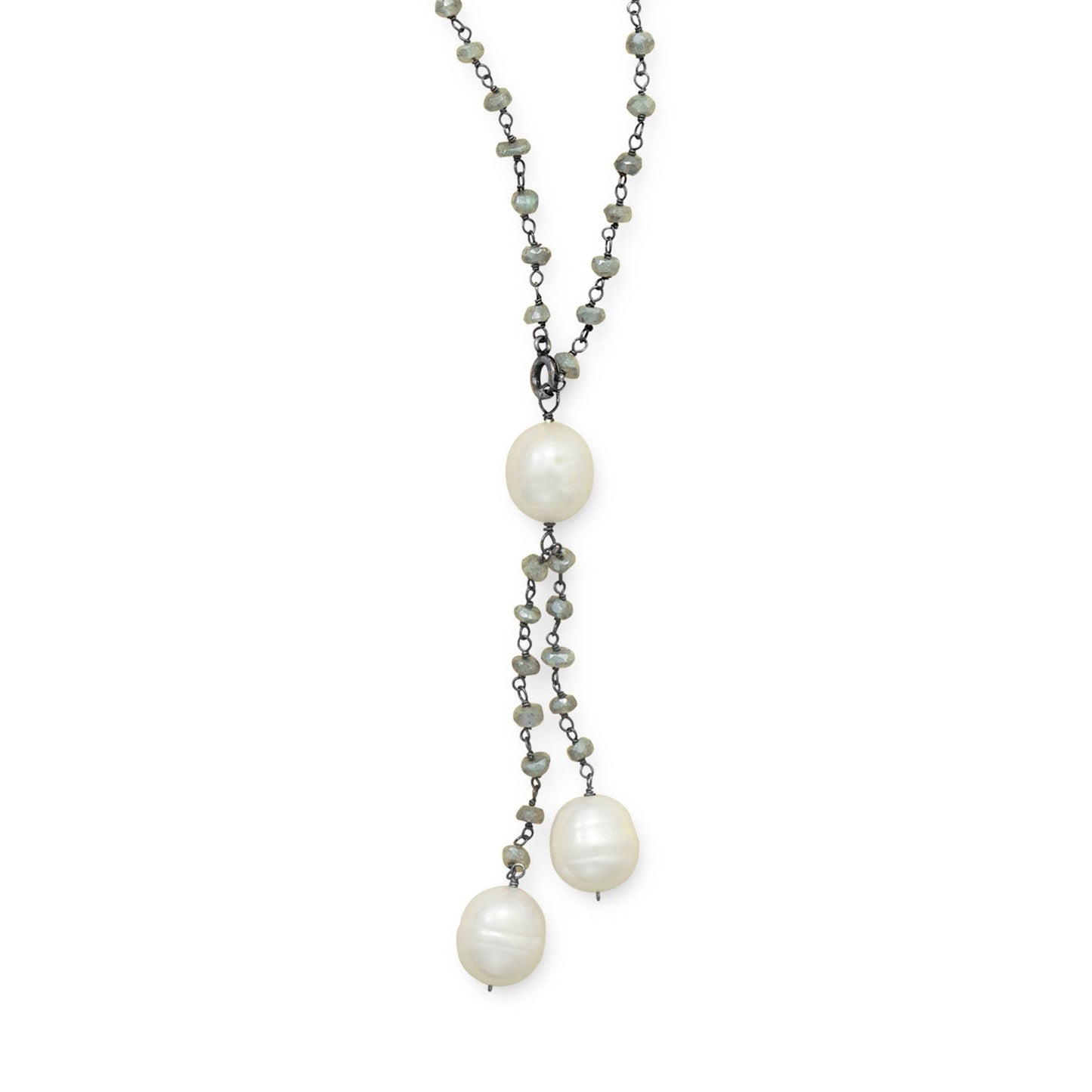 Labradorite and pearl necklace featuring elegant dangles with shimmering pearls and delicate stones