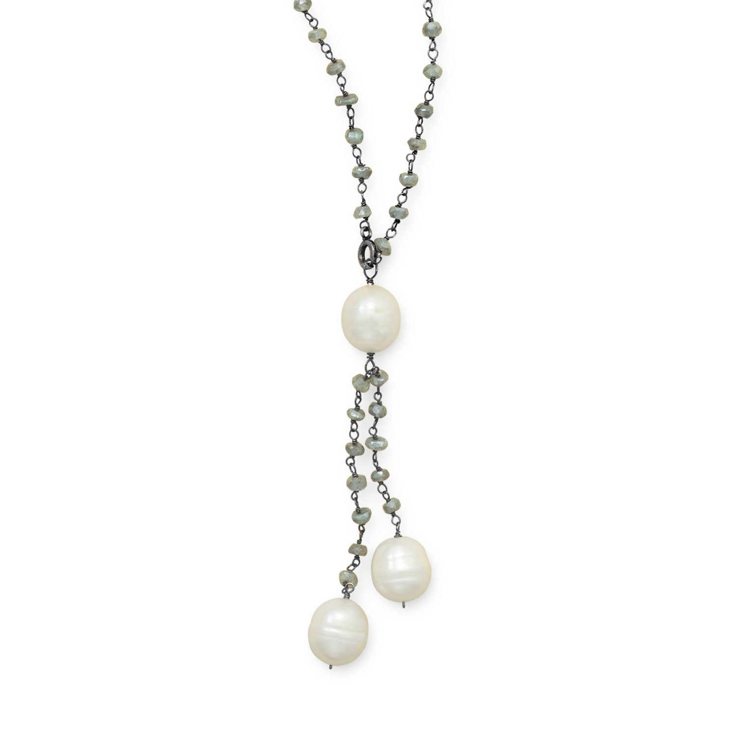 Labradorite and pearl necklace featuring elegant dangles with shimmering pearls and delicate stones