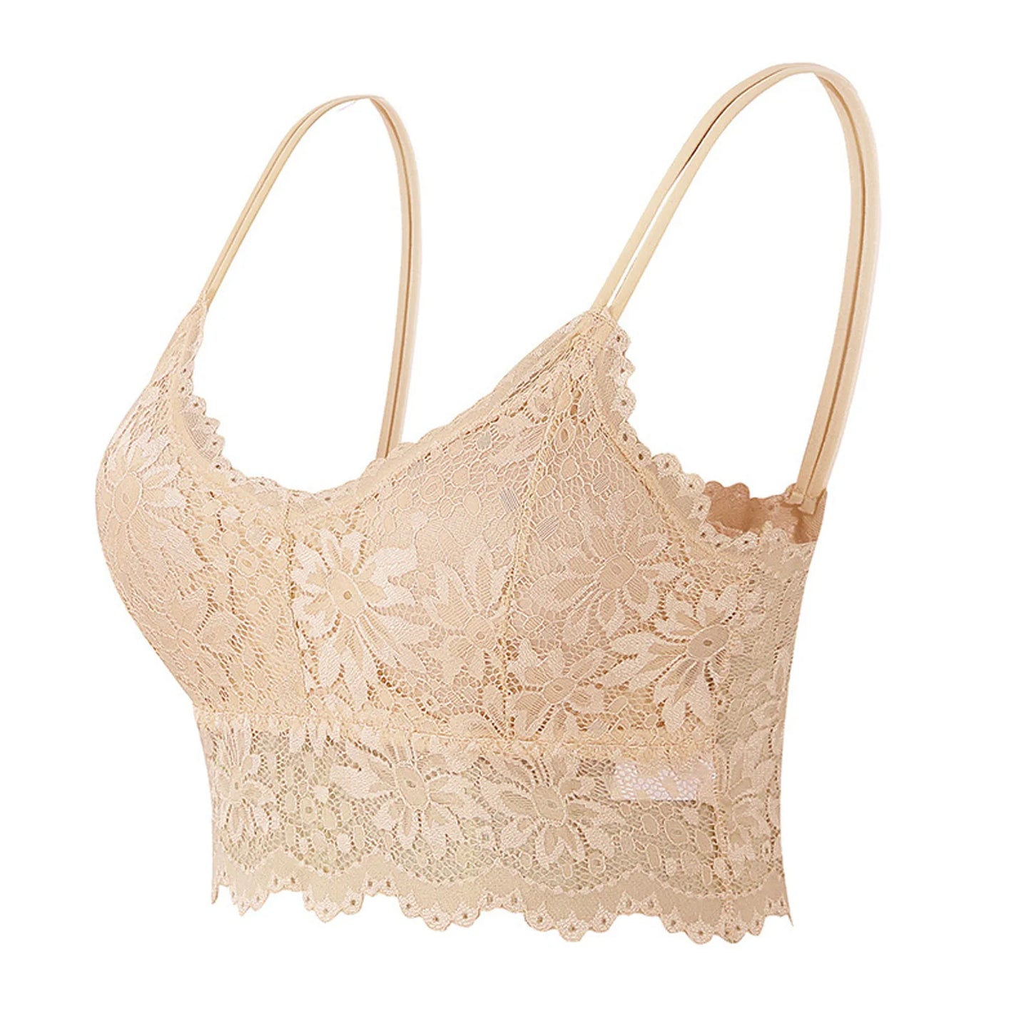 Beige LuckeLadybug LLC lace bralette for women with floral lace design and adjustable straps