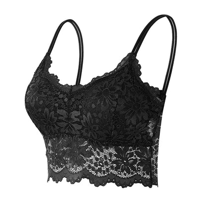 LuckeLadybug lace bralette for women in black with floral lace design and adjustable straps
