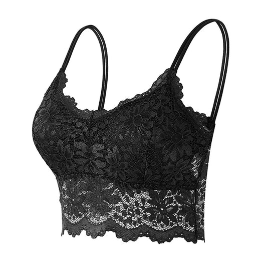 LuckeLadybug lace bralette for women in black with floral lace design and adjustable straps