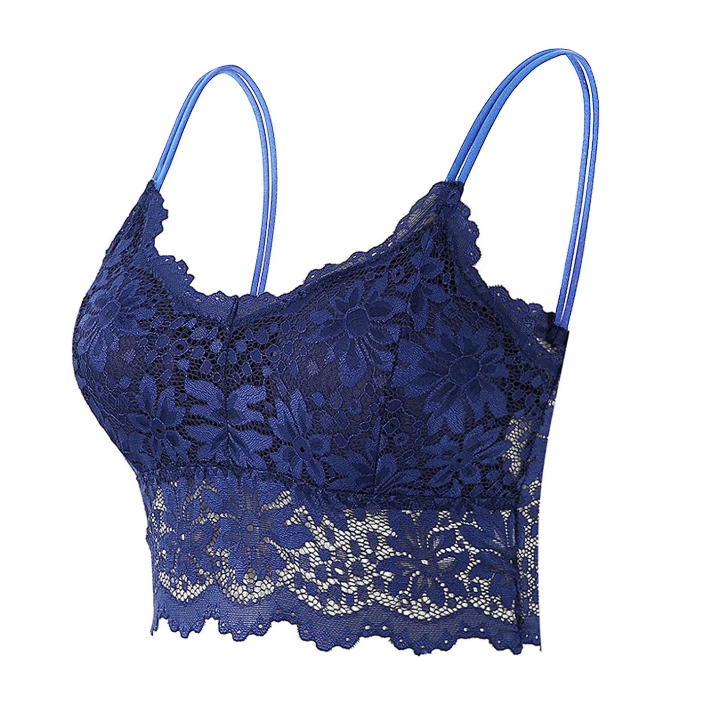 LuckeLadybug LLC Lace Bralette for Women in Navy Blue with Floral Design and Adjustable Straps