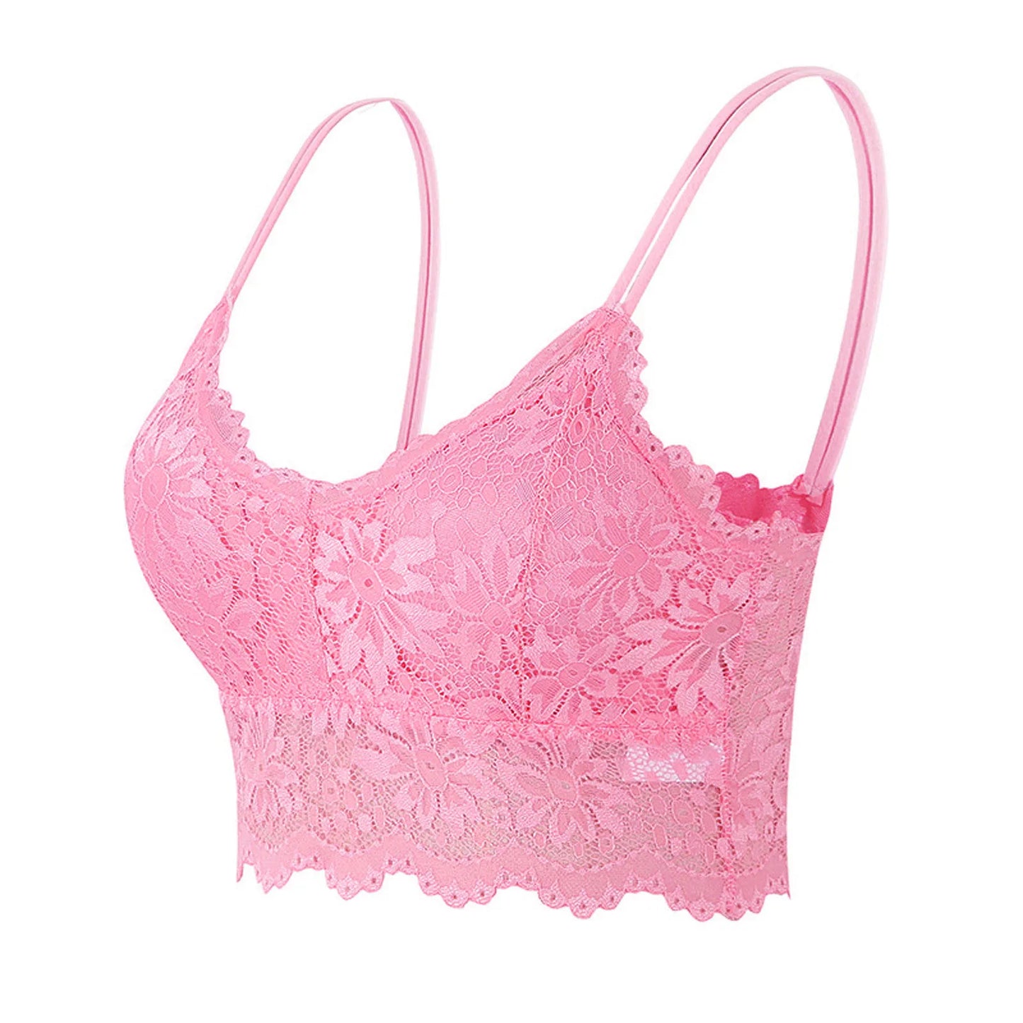 Pink LuckeLadybug lace bralette for women with delicate floral lace design and adjustable straps