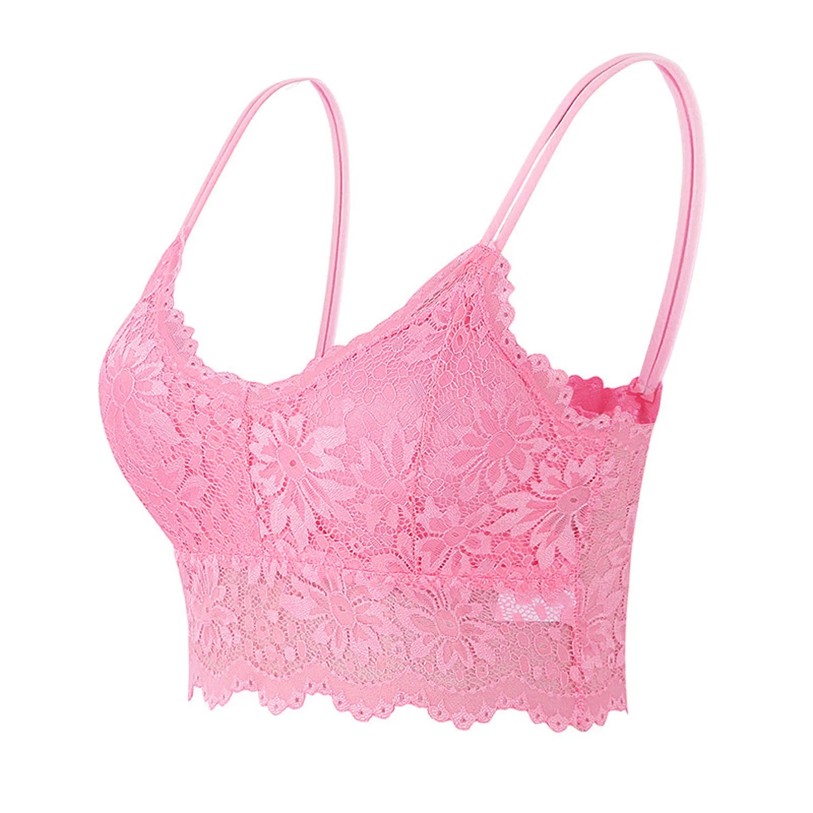 Pink LuckeLadybug lace bralette for women with delicate floral lace design and adjustable straps