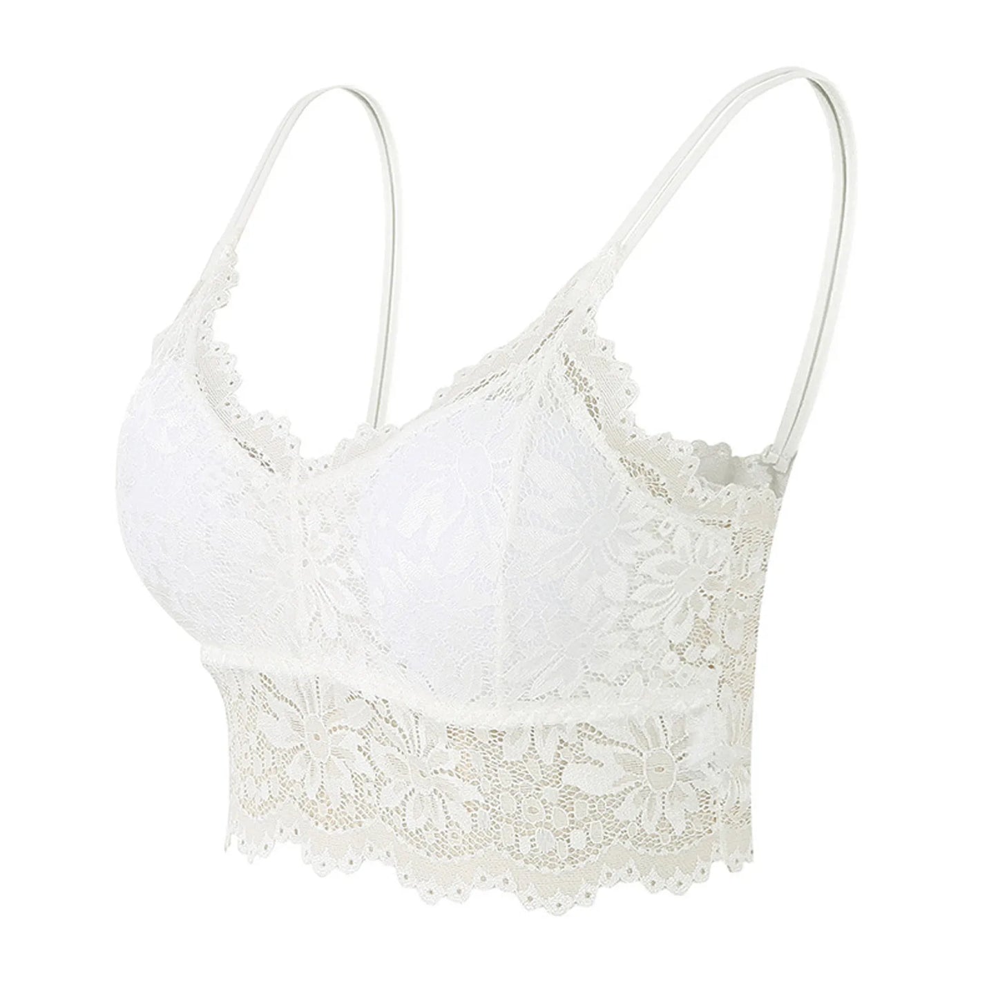 White lace bralette for women with floral design and adjustable straps by LuckeLadybug LLC