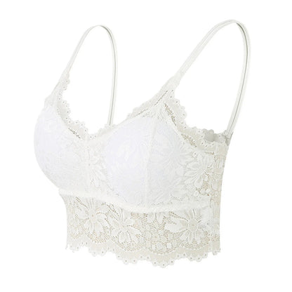 White lace bralette for women with floral design and adjustable straps by LuckeLadybug LLC