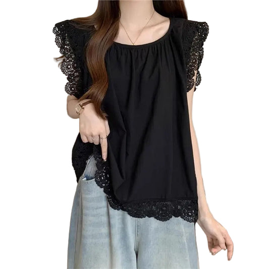 Black lace flying sleeve blouse featuring intricate lace trim for a stylish look