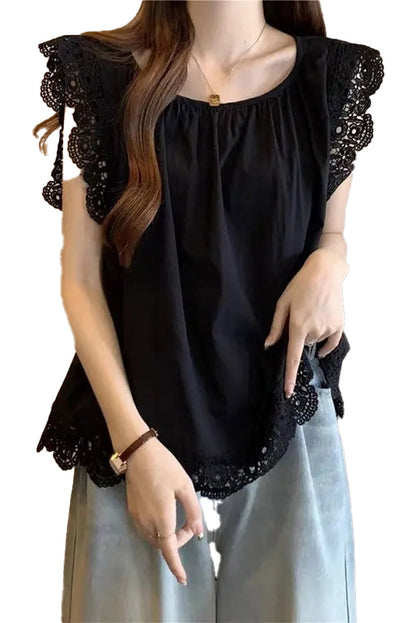 Lace flying sleeve blouse from LuckeLadybug LLC in black with detailed lace trim