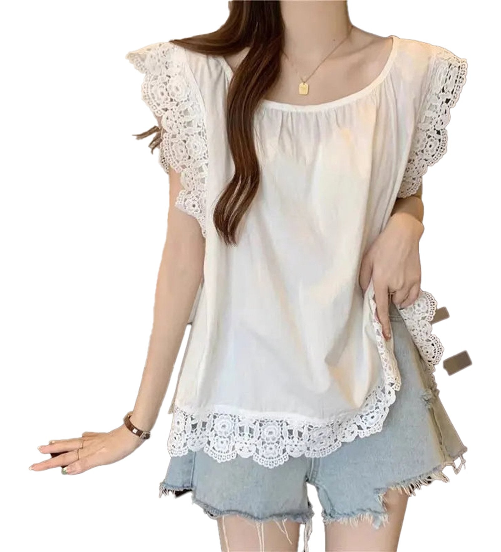 Women's lace flying sleeve blouse in white with decorative lace trim and a relaxed fit
