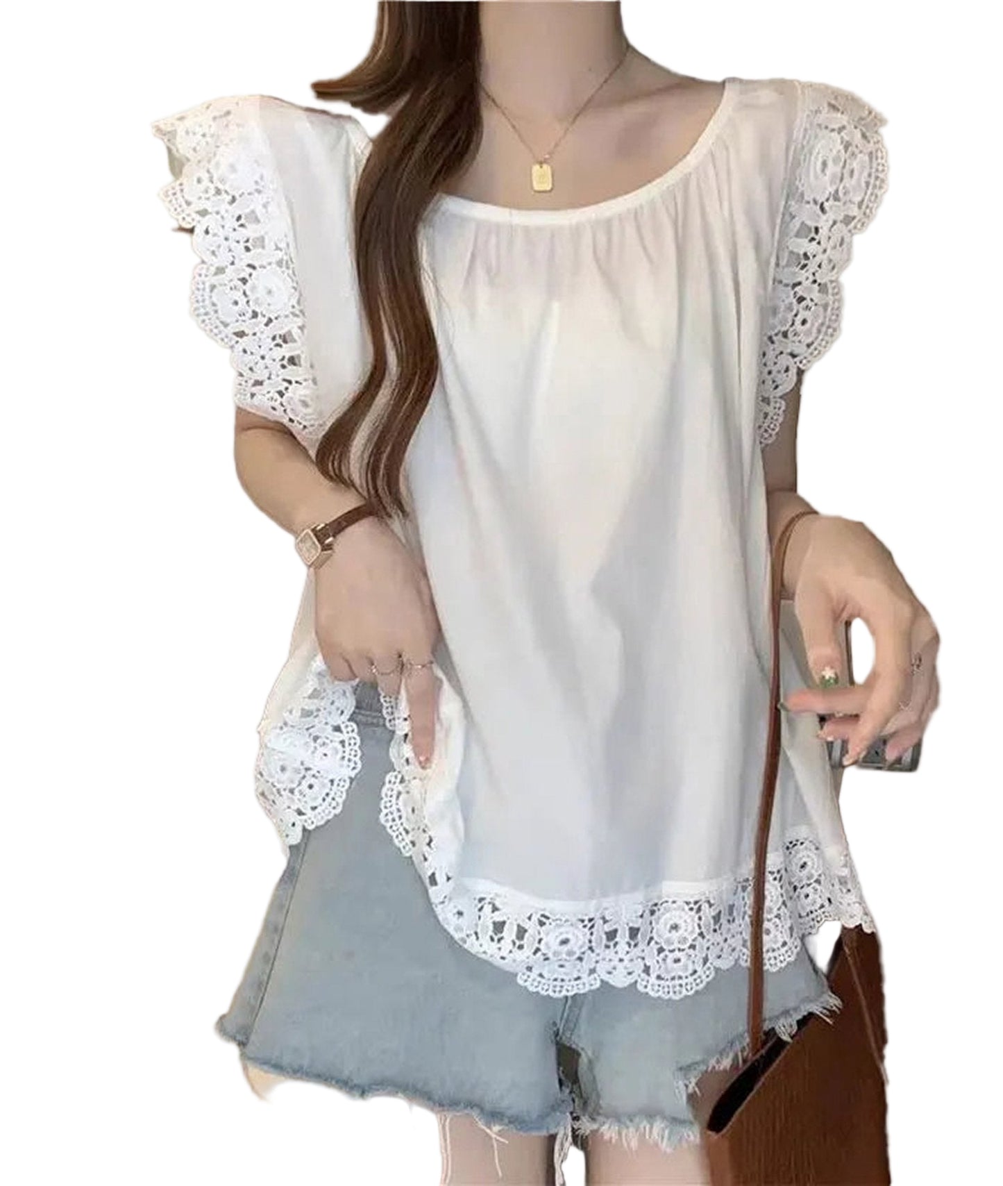 White lace flying sleeve blouse with scalloped edges, perfect for casual summer outfits