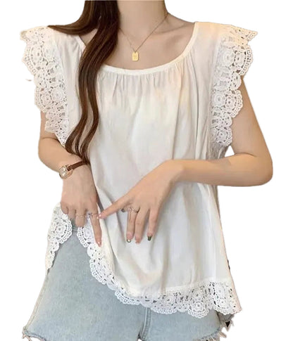 White lace flying sleeve blouse with delicate lace trim and relaxed fit for casual wear