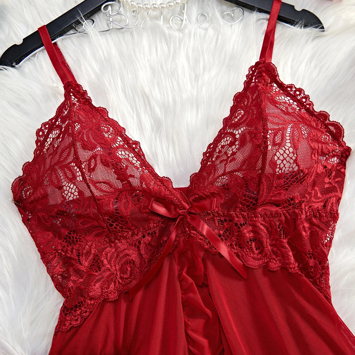 Red LuckeLadybug babydoll featuring lace lingerie detailing and a satin finish