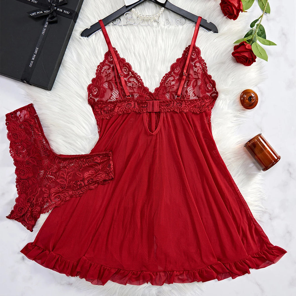 Red Babydoll Set with Lace Lingerie and Matching Panties from LuckeLadybug LLC