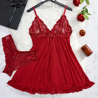Red Babydoll Set with Lace Lingerie and Matching Panties from LuckeLadybug LLC