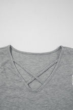 Gray Lace Patchwork Criss Cross V Neck Tank Top