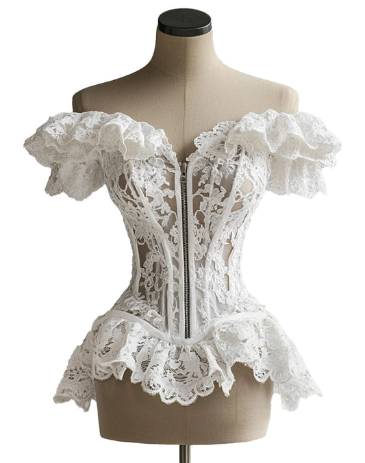 LuckeLadybug LLC lace ruffle corset blouse with intricate lace detailing and flared sleeves