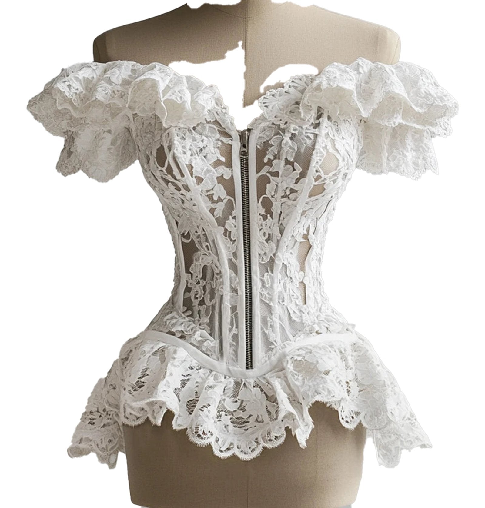 Elegant lace ruffle corset blouse from LuckeLadybug LLC featuring off-shoulder design and zipper closure