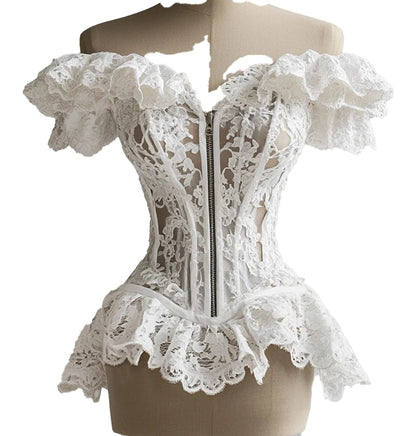 Elegant lace ruffle corset blouse from LuckeLadybug LLC featuring off-shoulder design and zipper closure