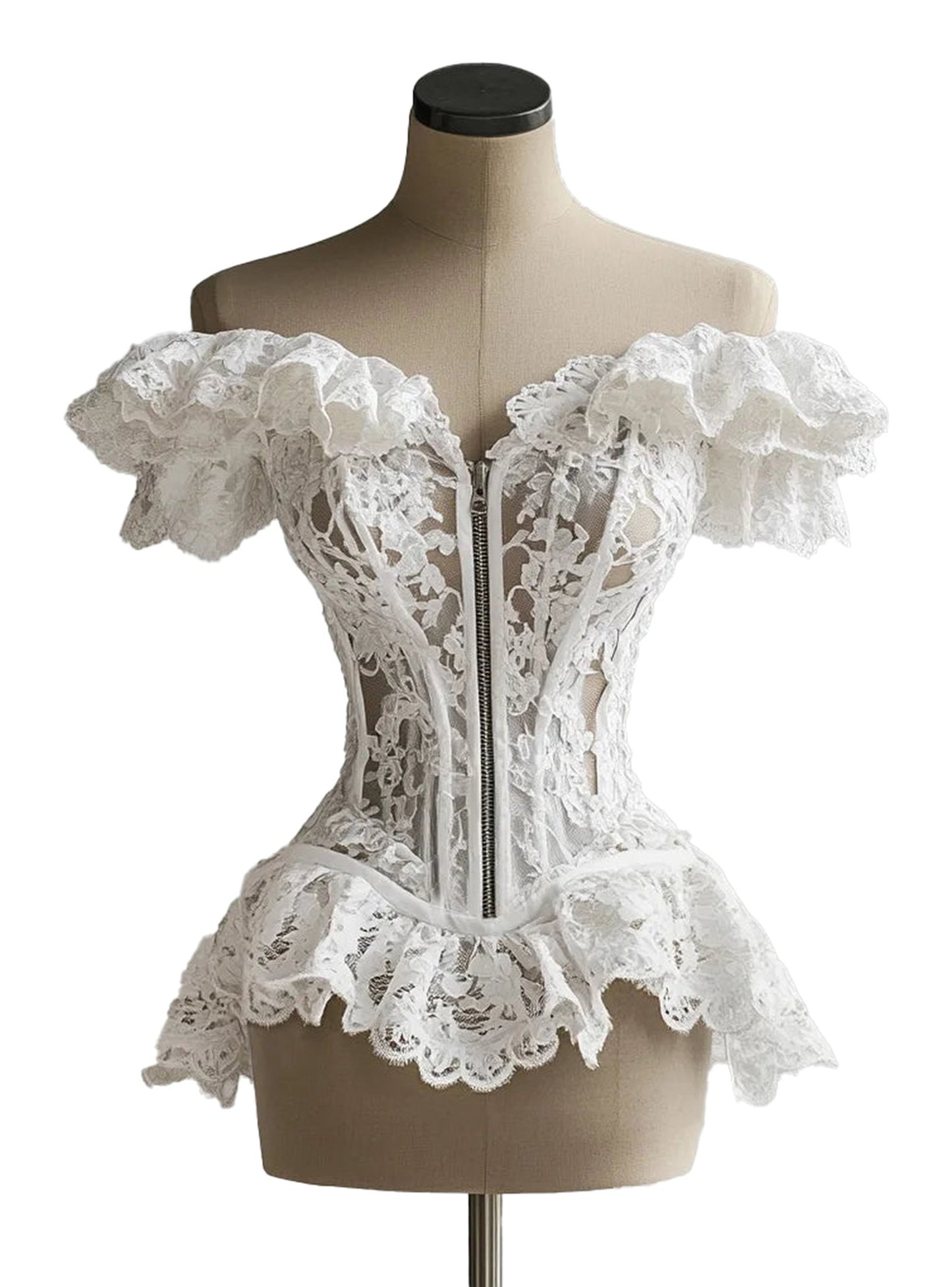 Elegant white lace ruffle corset top with off-shoulder design and intricate lace detailing