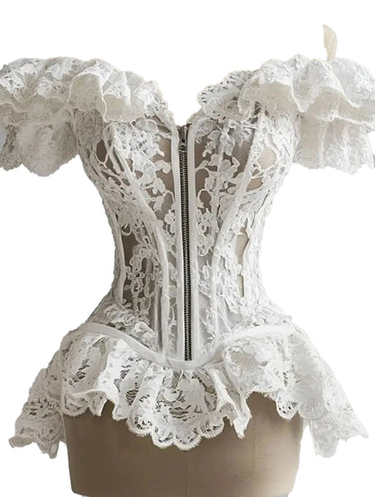 White lace ruffle corset top with floral design and off-the-shoulder sleeves