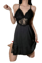 LuckeLadybug LLC Lace Satin Camisole Nightgown in Black with Elegant Lace Design